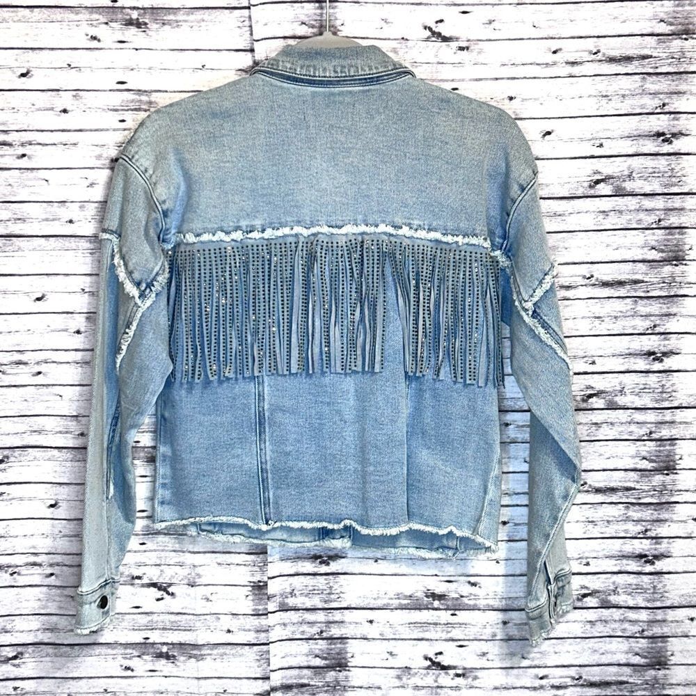 Rock and Roll Denim Light Wash Studded Fringe Denim Jacket - Picture 4 of 12